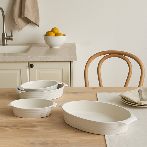 Zestaw 2 owalnych naczyń do zapiekania cała rączka porcelana