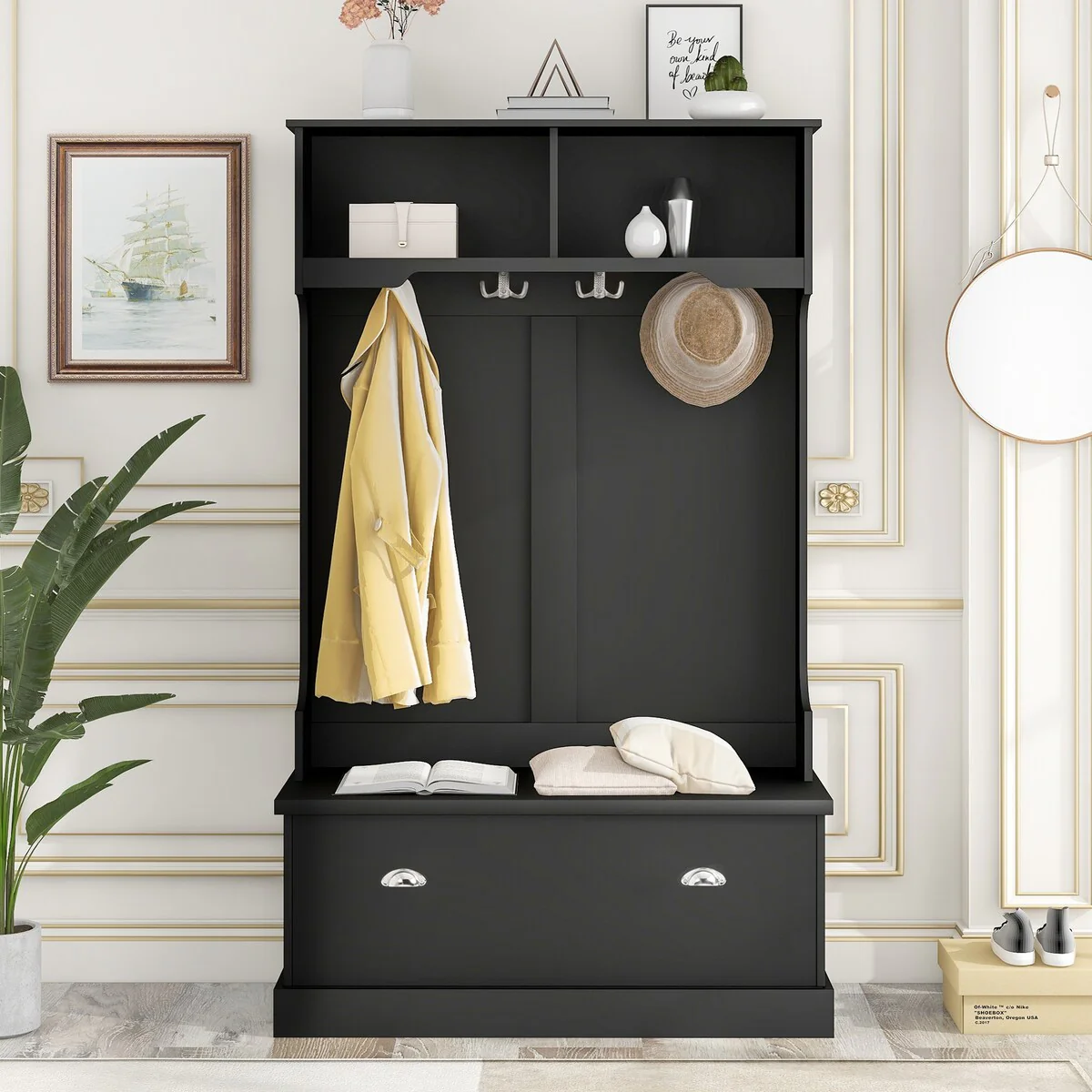 Hall Tree with 4 Hooks, Coat Hanger, Entryway Bench, Storage Bench, 3-in-1 Design, for Livingroom, Hallway