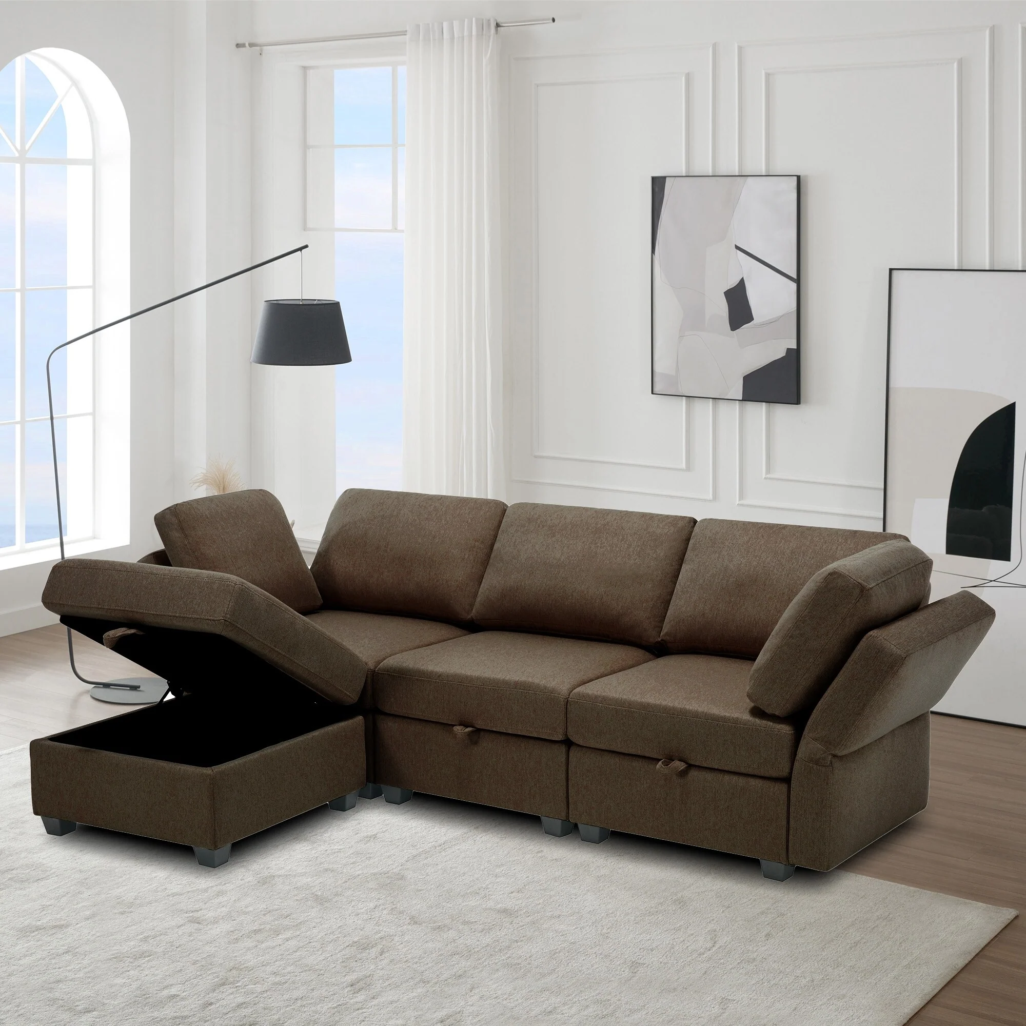 Brown 87.9'' Modular 3 Seater Sectional Sofa with Ottoman, Adjustable Arms and Backs, Storage Seats, and Thick Cushions