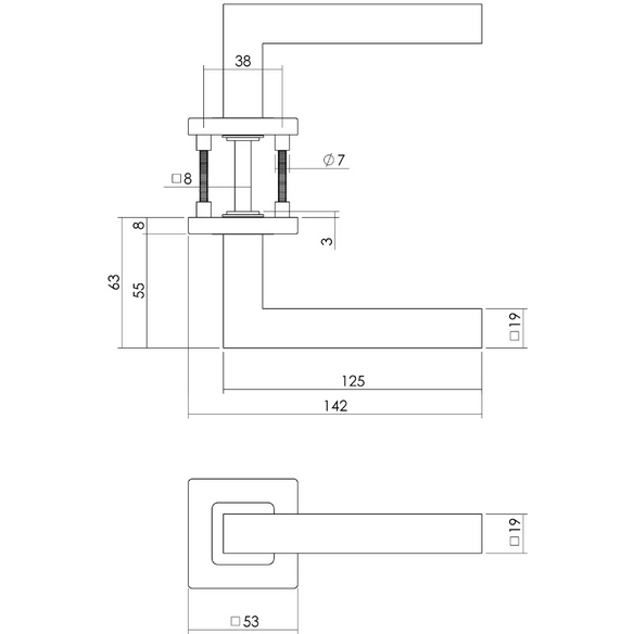 Türdrücker, 53x53x8 mm BB-Rosetten Vierkant