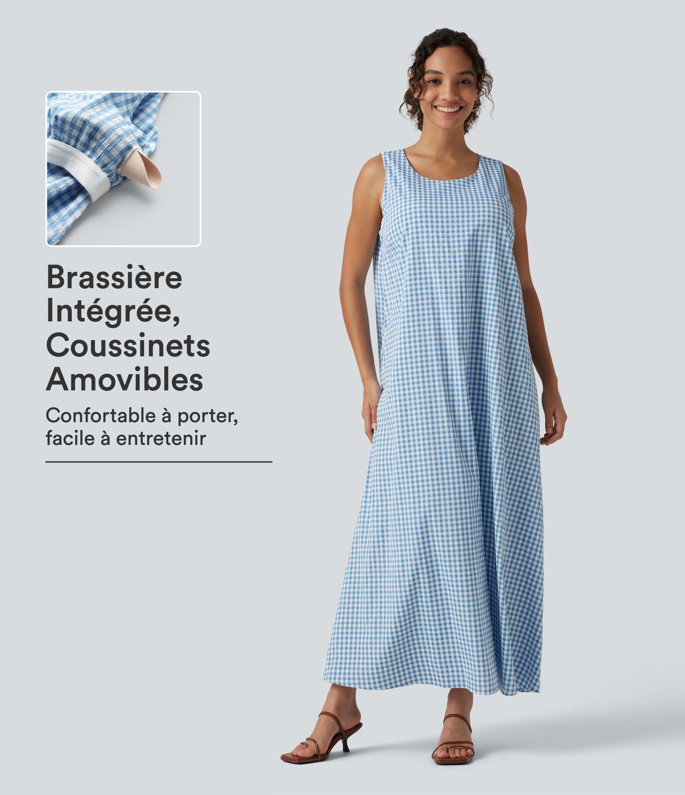 Robe débardeur midi à motif vichy froissé, encolure arrondie, sans manches et poches, bonnets E à G
