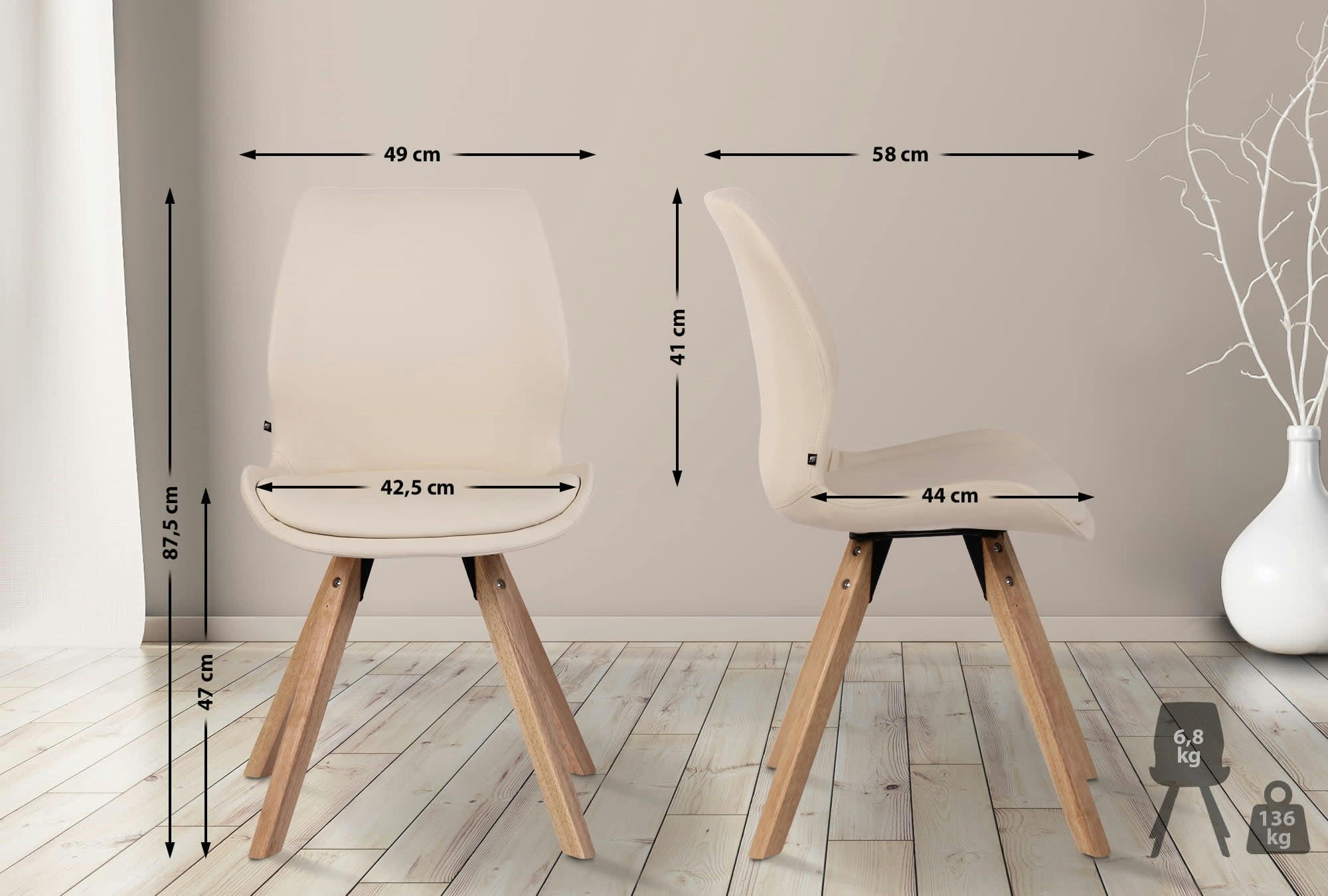 LUNA - Lot 2 chaises avec pieds en bois assise en similicuir Crème