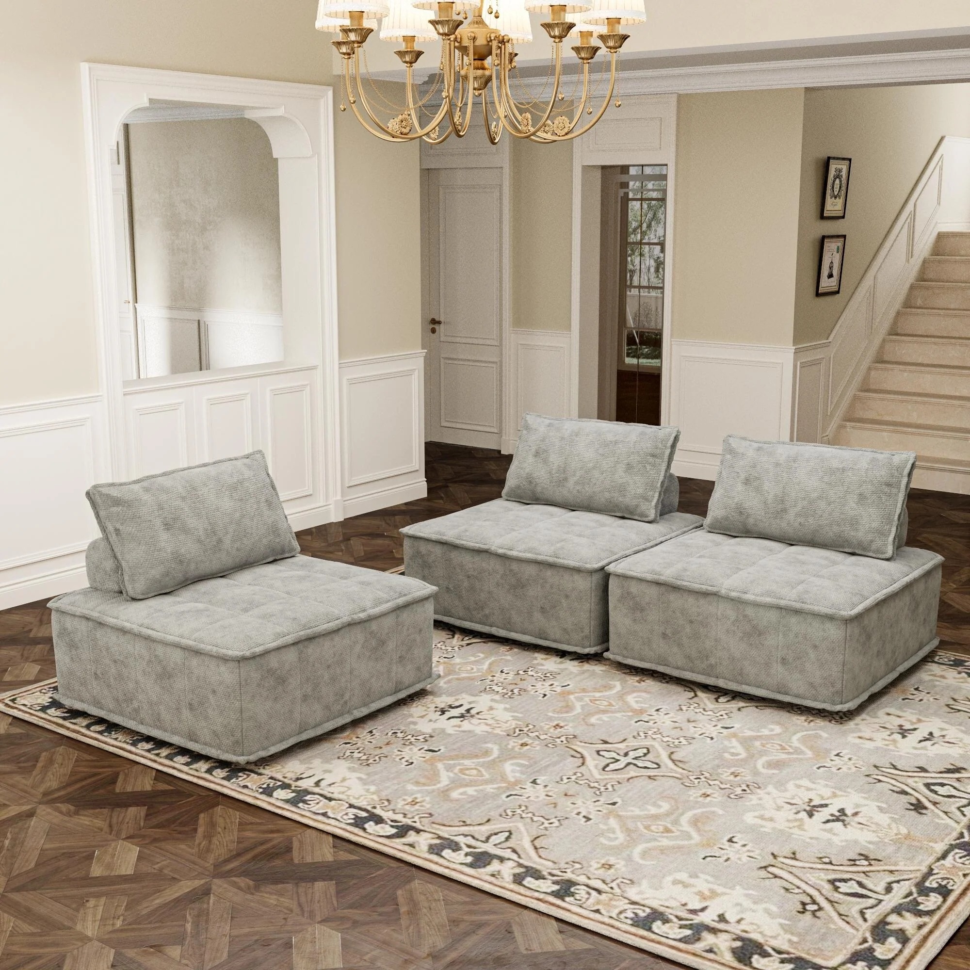 Grey Oversized 3-piece Chenille Modular Square Sofa Set with High-Density Foam Cushions, Free Combination