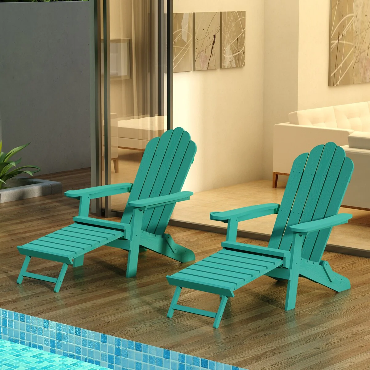 Mieres Oversized Plastic Adirondack Chair with Pullout Ottoman and Cup-Holder, Folding Outdoor Poly Lumber Lounge Chair