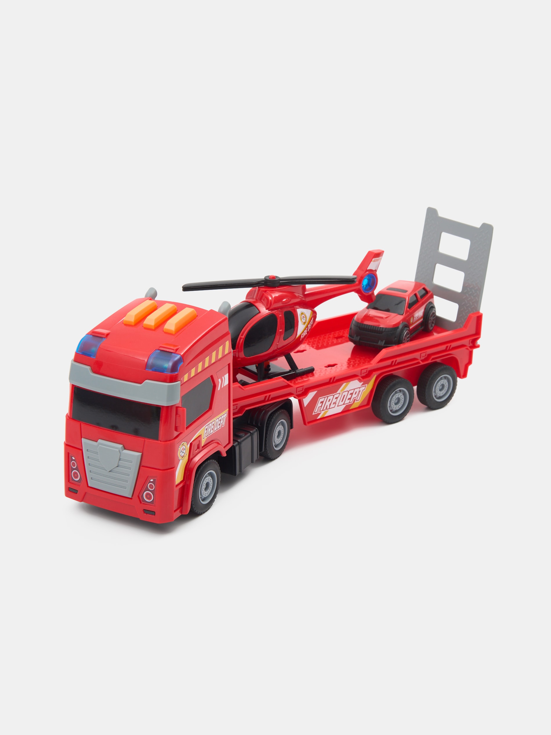 Zestaw strażacki: ciężarówka z helikopterem i samochodem