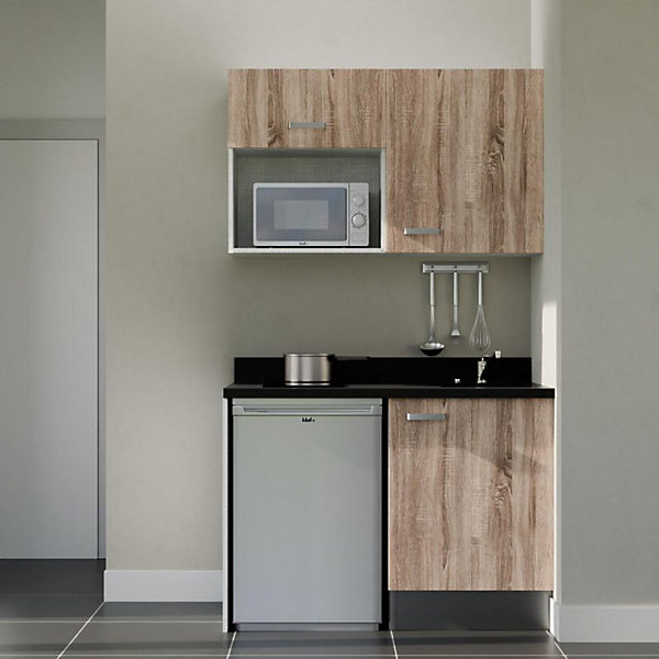Kitchenette K07 - 120 cm - façades Bois - Plan monobloc en quartz coloris Nero évier à droite - Electroménager Inox