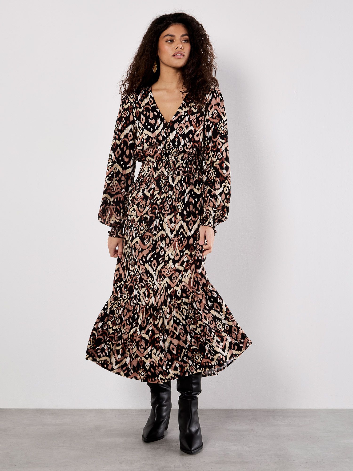 Apricot Ikat Print Midaxi Dress