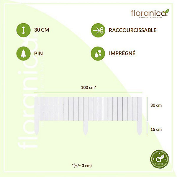 Floranica Bordure flexible de parterre Imprégnée 100 x 30 cm Blanc (raccourcissable) Clôture en bois en pin Palissade Rollboarder