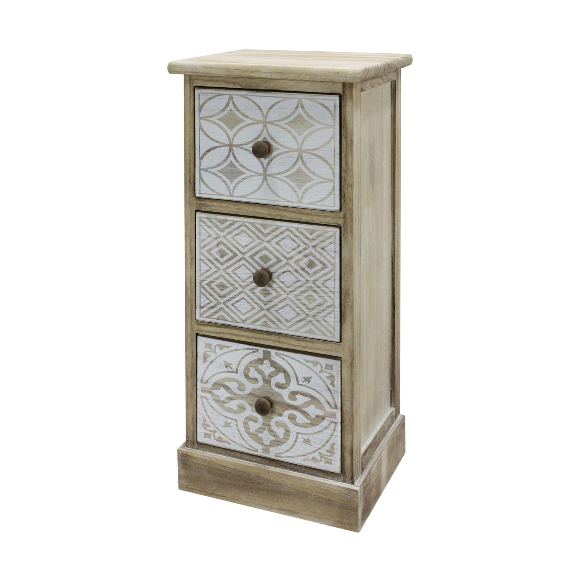 - Table de chevet avec 3 tiroirs en bois blanc et beige et marron