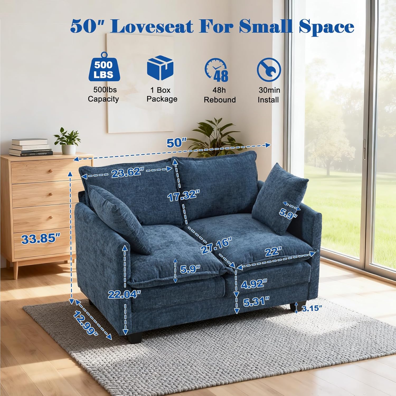 Loveseat Sofa Cloud Sofa Couch 50'', Modern Loveseats 2 Seat Couch 27 Deep Seat with 2 Pillows for Small Spaces Apartment Studio Office Bedroom Living Room 8834-BLUE-2