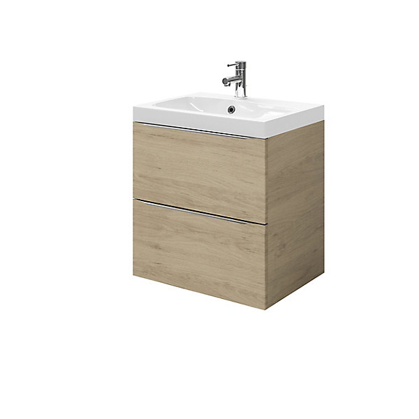 Meuble vasque suspendu effet chêne l.60 cm Imandra   plan vasque blanc résine Mila, GoodHome