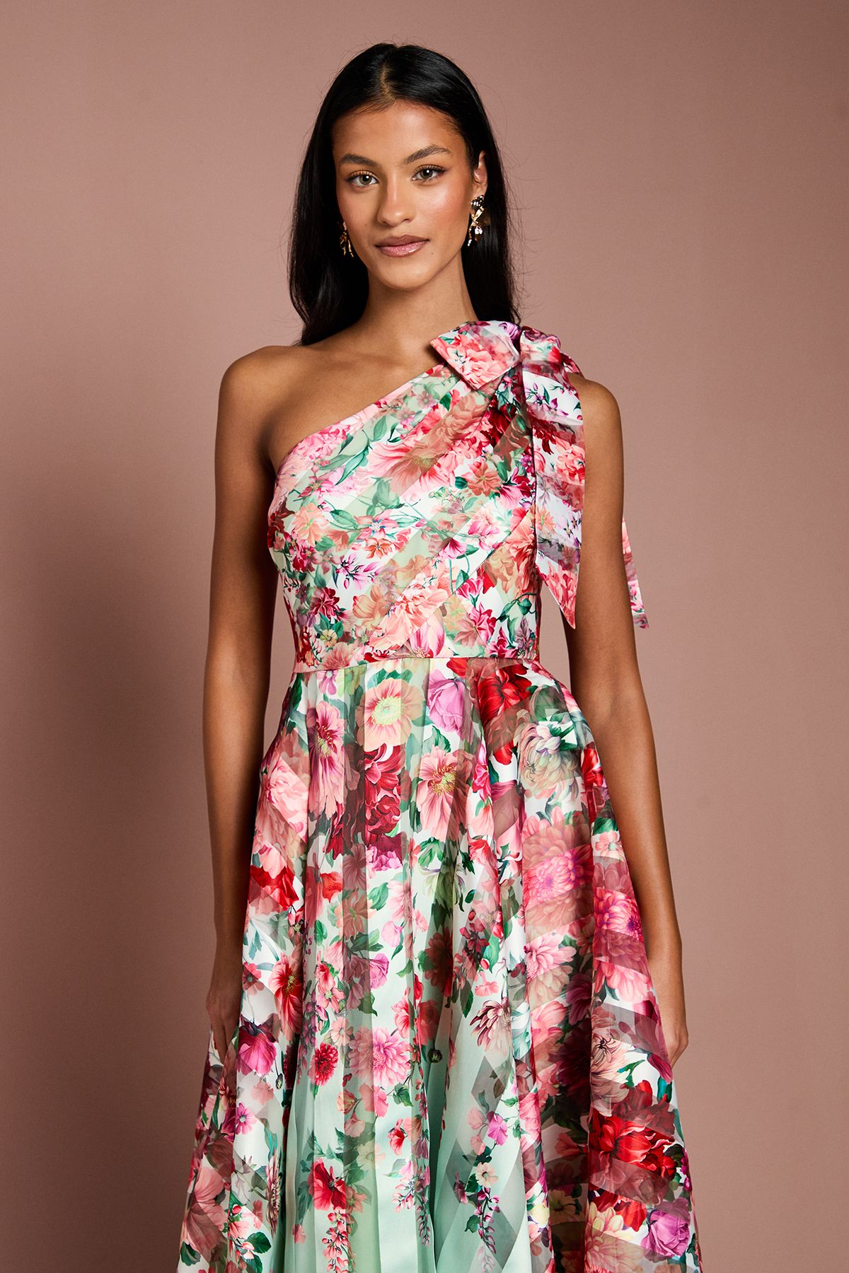 Coast Petite Printed Stripe Organza One Shoulder Midi Dress