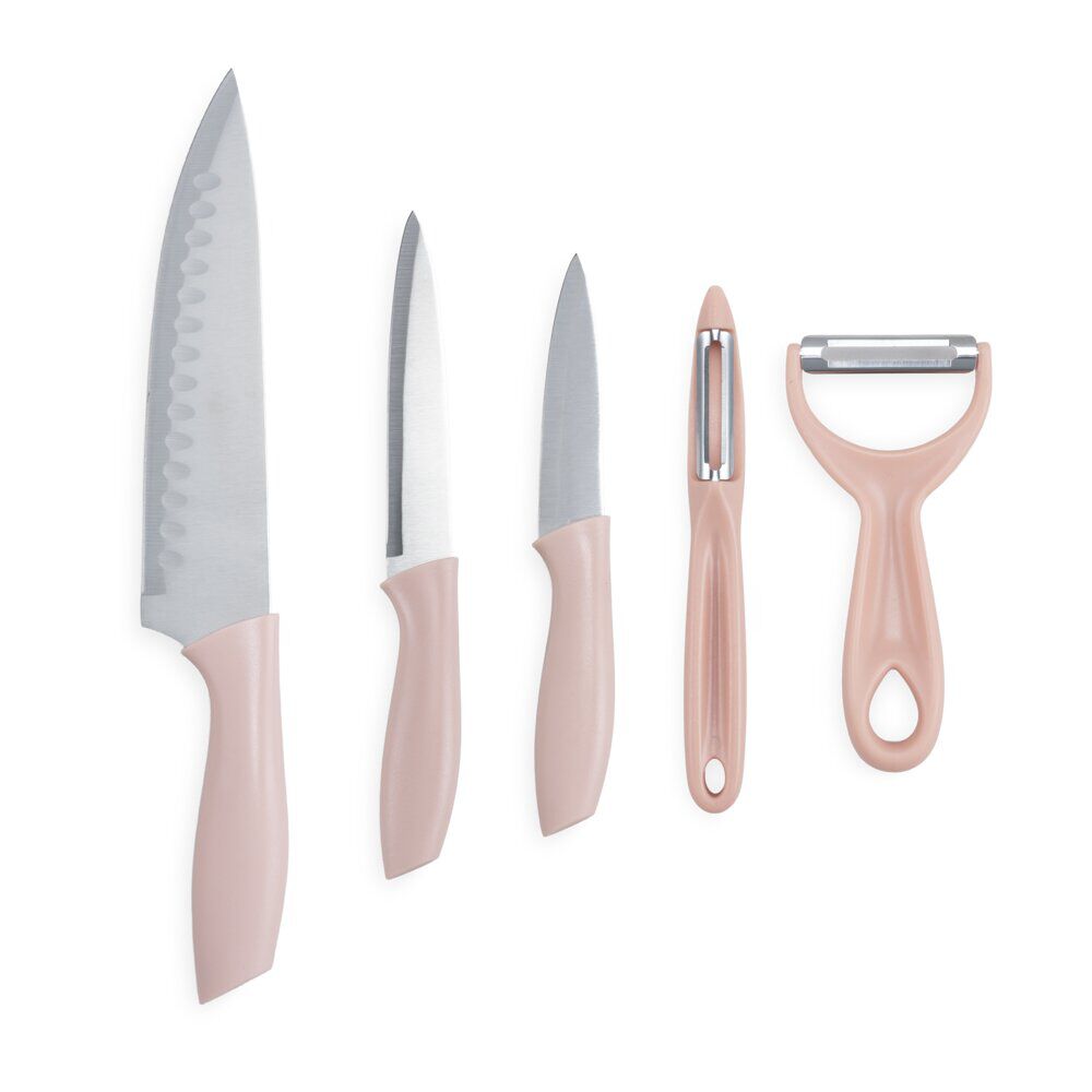 Couteau de cuisine x3 et éplucheur x2 inox (2 modèles vert céladon ou rose)