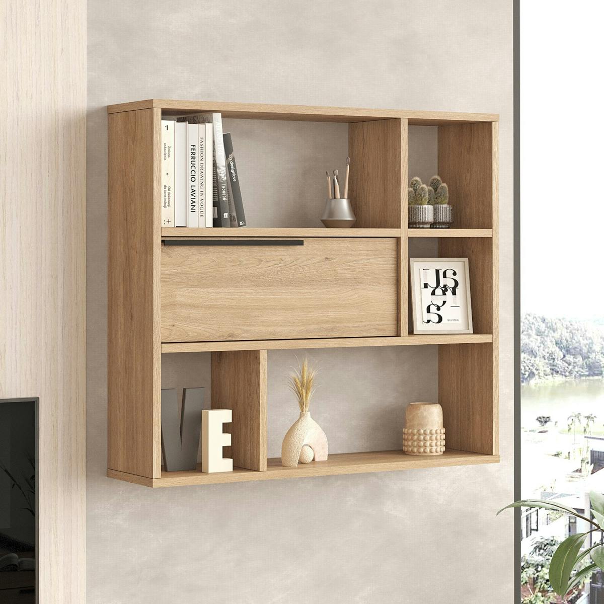 Etagère murale décor bois rangement fermé 5 niches MARFA