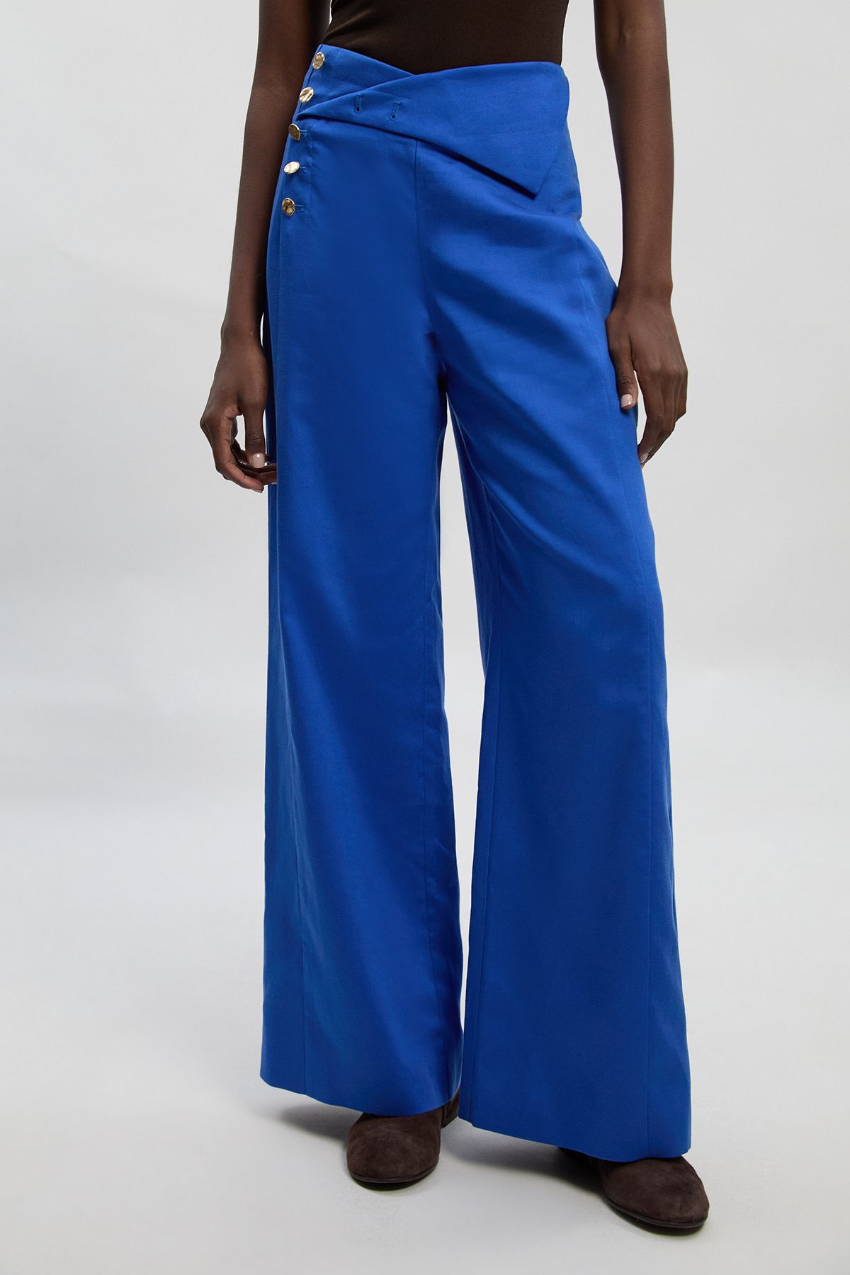 KarenMillen Tailored Linen Button Front Wide Leg Trouser