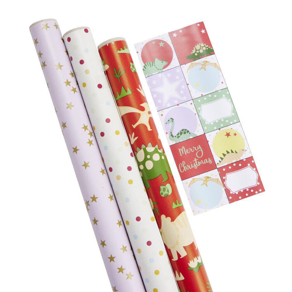 Papier cadeau No&euml;l rouleau x3 avec 20 étiquettes autocollantes enfant