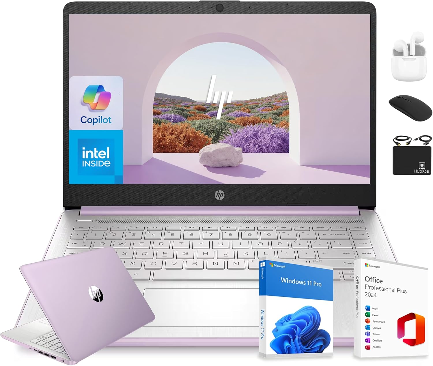 HP 14” Flagship Laptop 2025 AI-Powered Computer  Office Lifetime  Student Business  4-Core Intel CPU  16GB RAM 628GB Storage (128GB UFS+ 500GB Ext)  Long Battery HubxcelAccessory Win 11 Pro Lavender