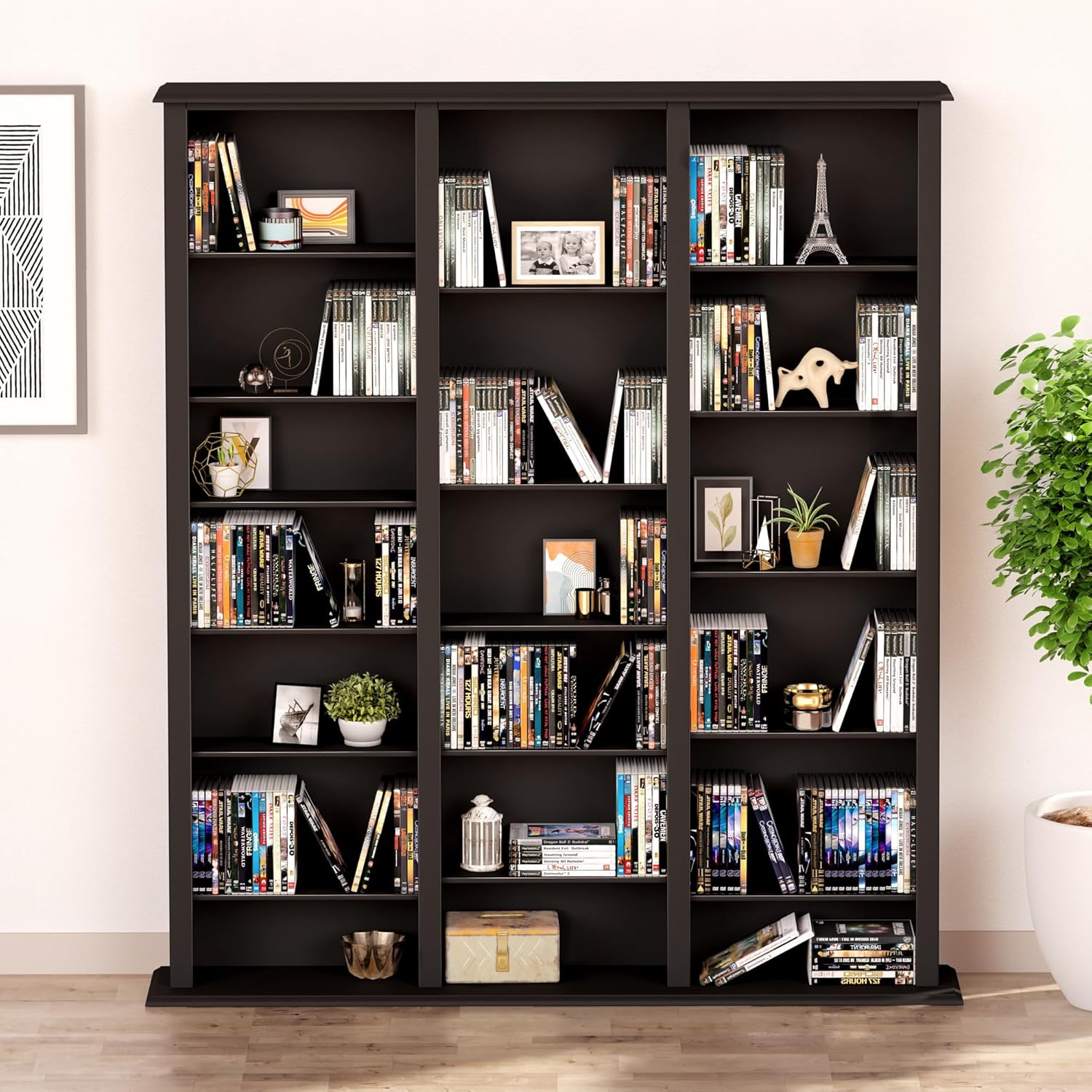 Prepac Barrister 3 Column Tall Storage Cabinet, Black Storage Cabinet with 27 Adjustable Shelves Display DVD for Living Room, 9.5 D x 57 W x 63.75 H