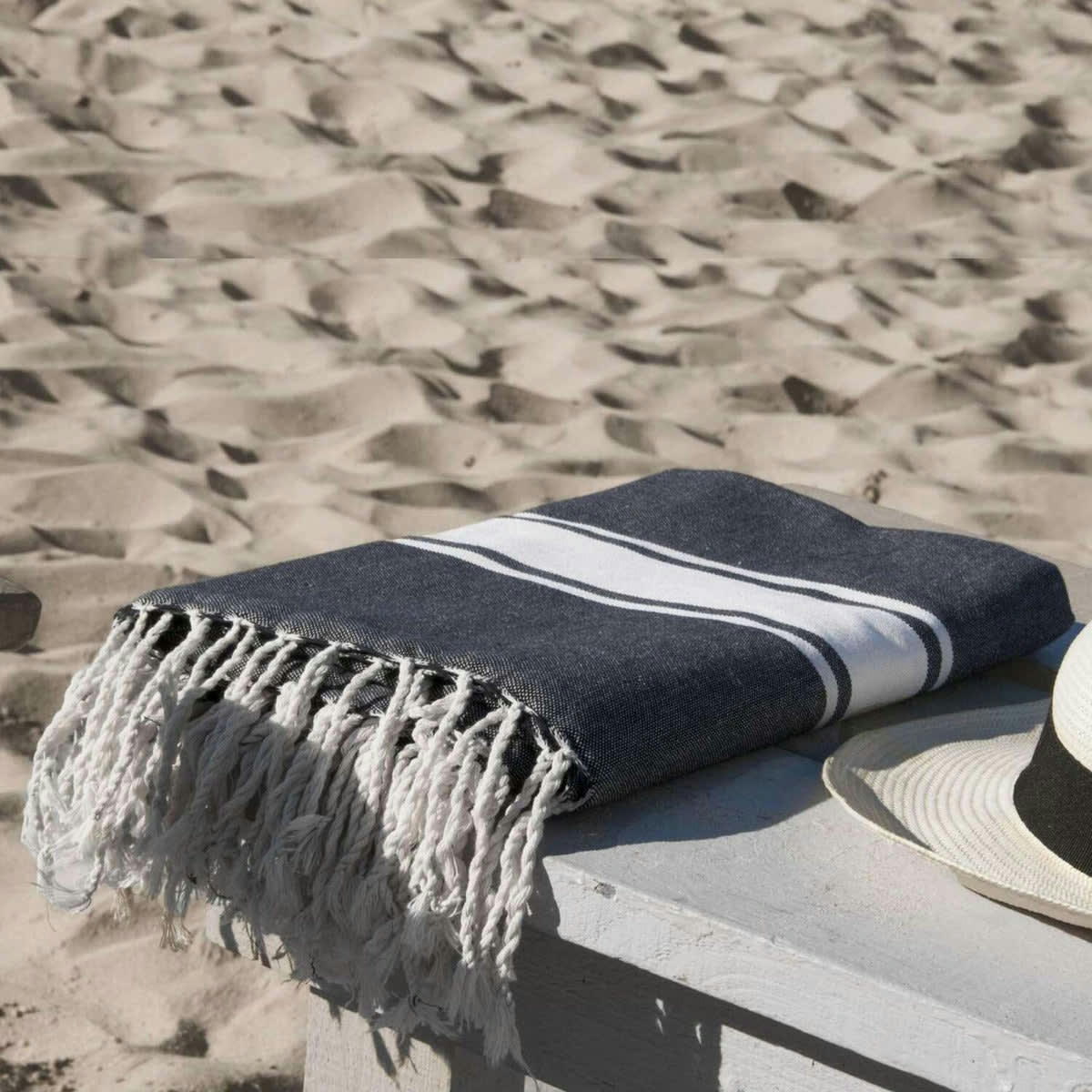 ST TROPEZ - Fouta bande blanche coton  100x200 noir