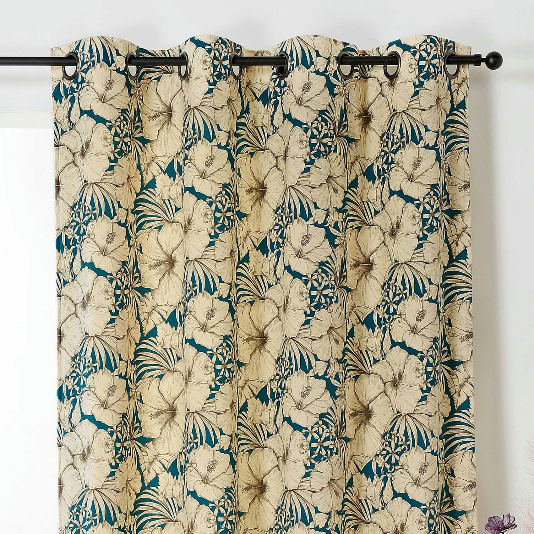 - Rideau à motif floral polyester bleu paon 145x240 cm