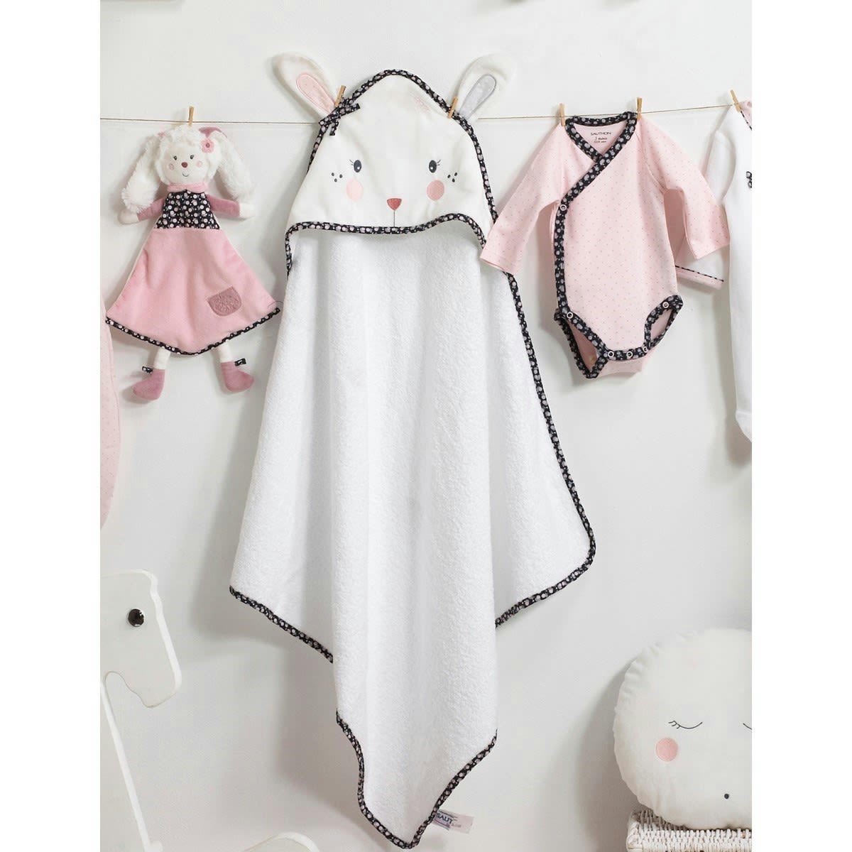 MISS FLEUR DE LUNE - Sortie de bain lapin 75x75cm et gant en coton  blanc