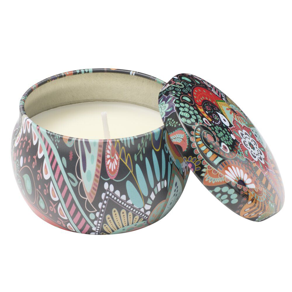 Bougie parfumée dans pot métal motif indien coloré 10H (3 modèles)