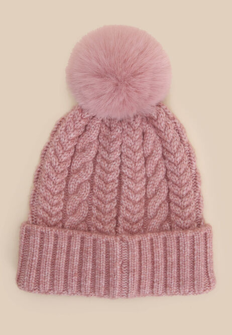 Womens Pink Cable Knit Bobble Hat