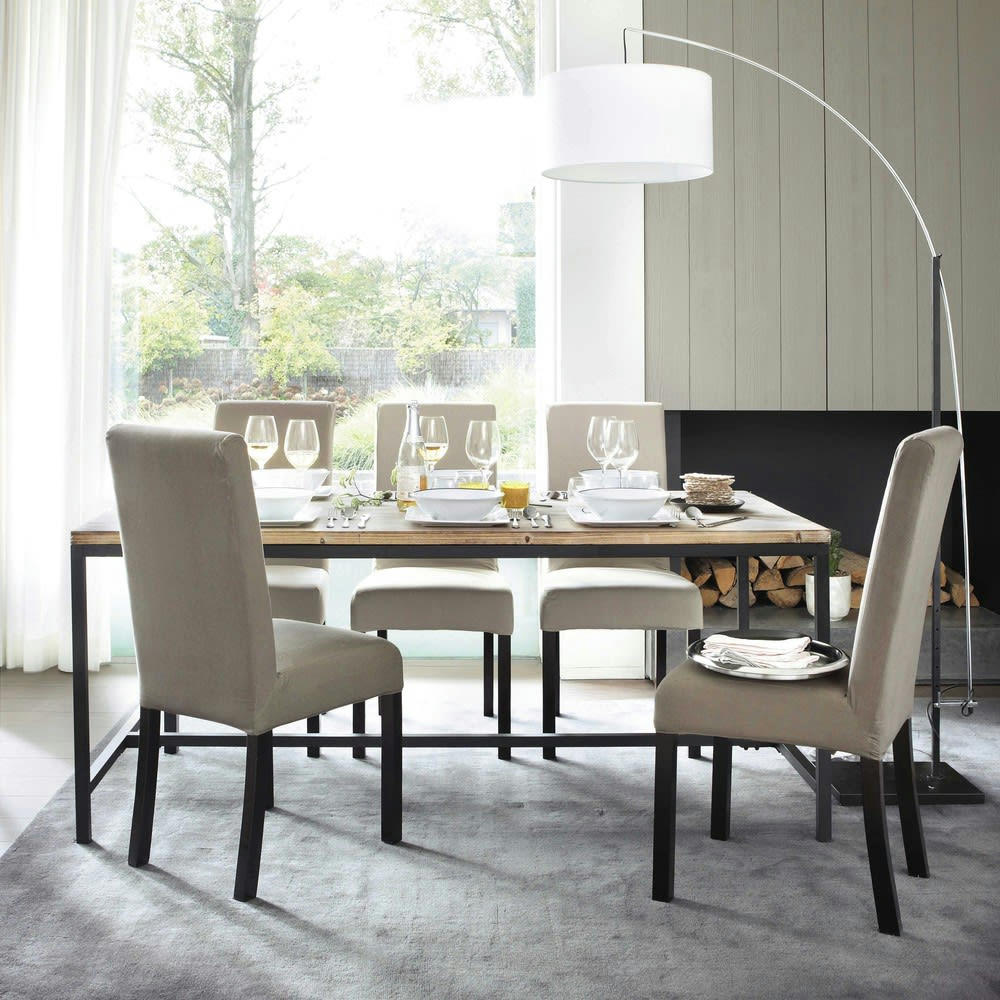 Long Island - Table à manger industrielle en bois de sapin et métal 8 personnes L178