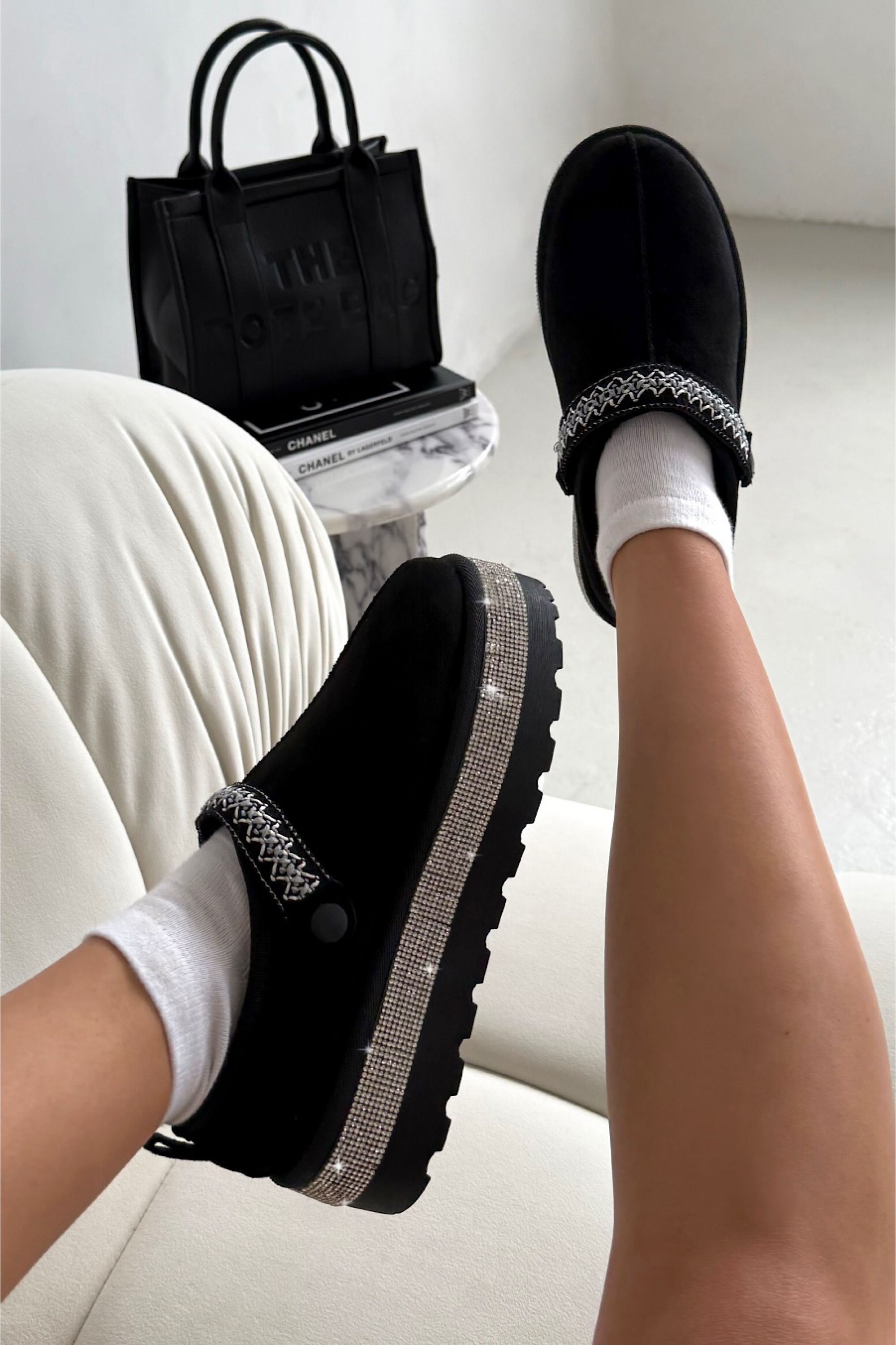 Love Lemonade Crystal Diamond Edge Faux Suede Platform Mule Clog Slippers