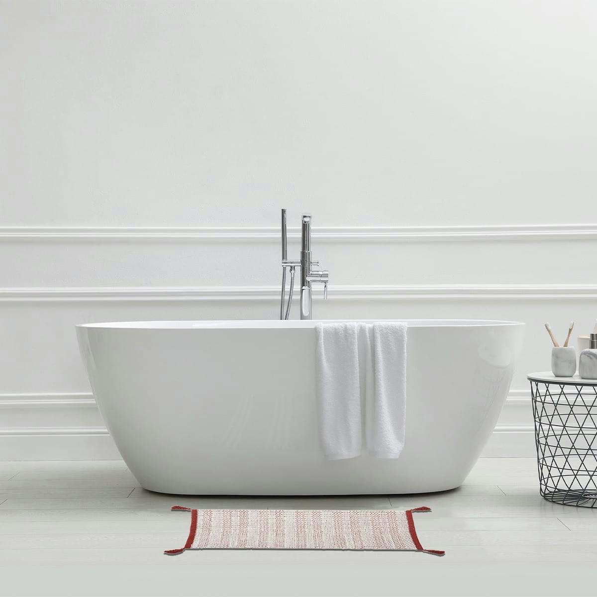 DESERT - Tapis de bain coton fantaisie terracotta à pompons 50x80cm