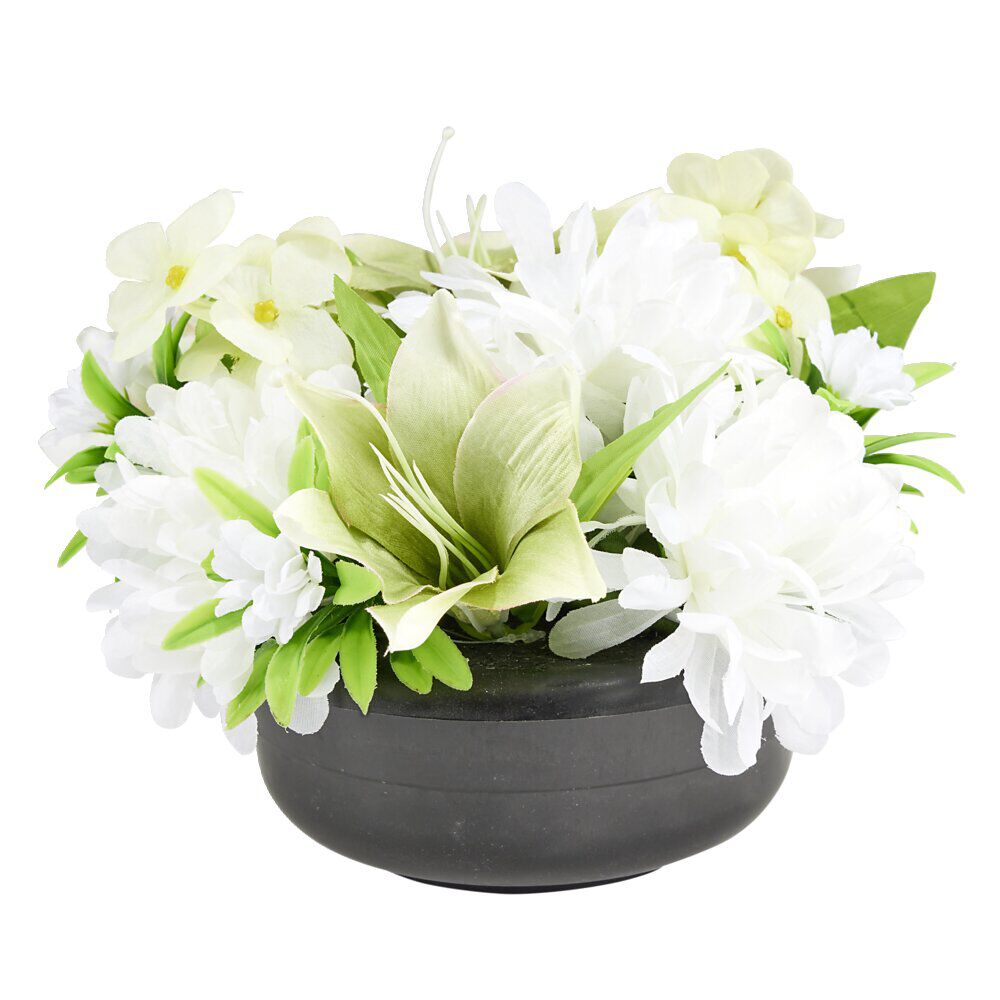 Composition florale artificielle pot hortensia/lys blanc vert 15 tiges