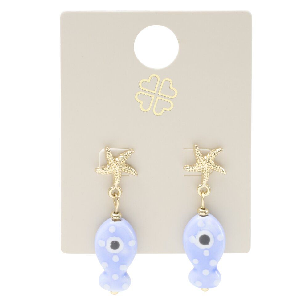 Boucles d'oreilles céramique étoile de mer et poisson zinc doré L2cm