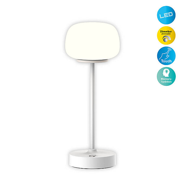 Lampe LED à accu/de table 'PINA' 30 cm de haut, en métal (blanc) et verre (blanc), LEDs intégrés, blanc chaud