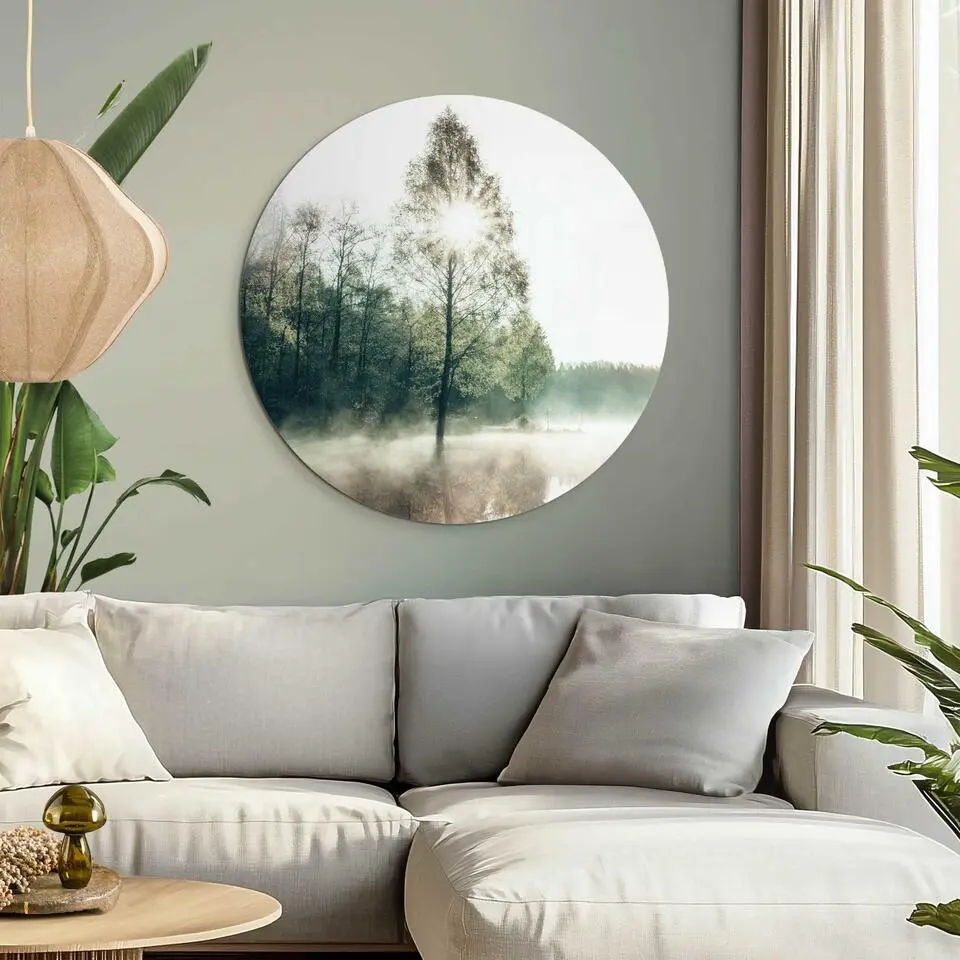 Glasschilderij Zon door de boom - &Oslash; 70 - Groen