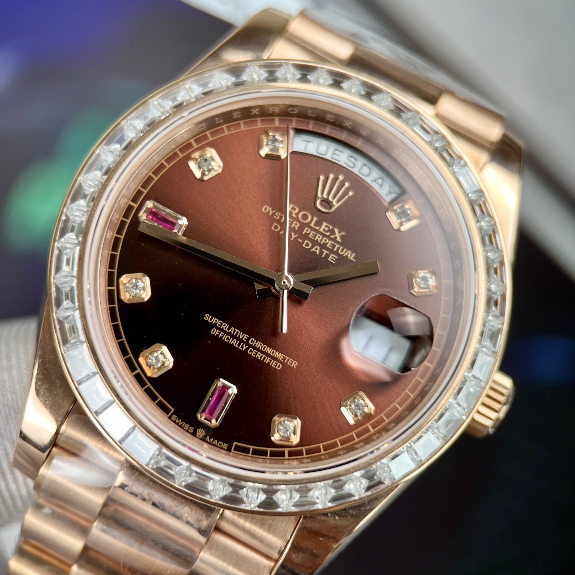 Rolex Day-Date RG Plated Chocolate Dial With Red Diamonds 40mm Super Clone