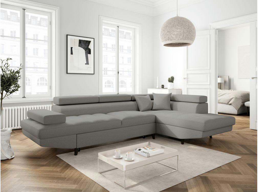 RIO SCANDI - Canapé angle droit convertible, coffre - Gris clair - Pieds noir