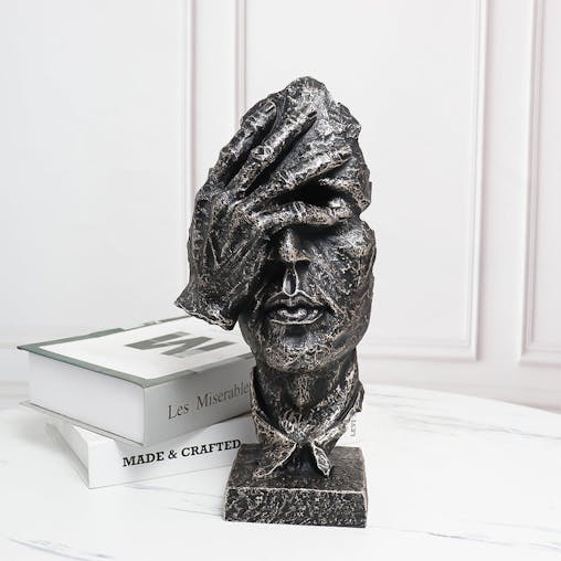 SOGA 30cm Black Resin Sculpture Covered Eyes Face Design Modern Art for Home Decor
