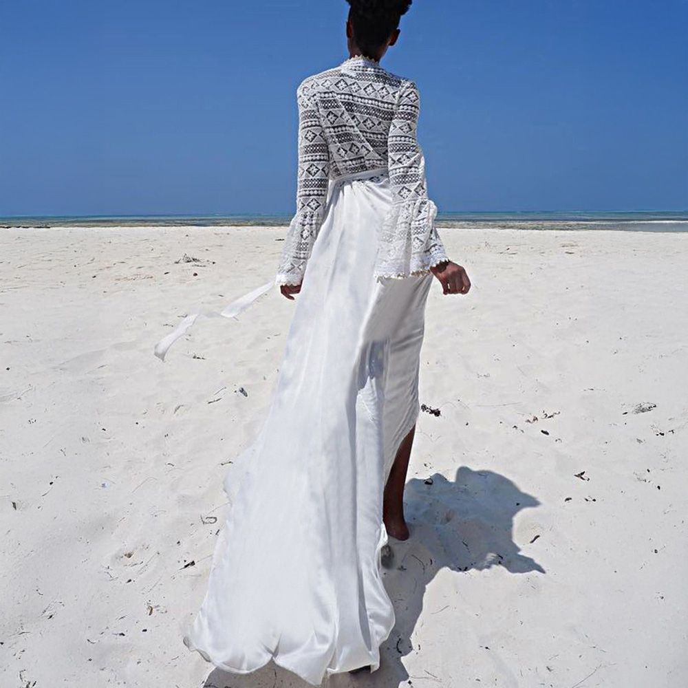 PEACH ACCESSORIES White Long Sleeve Crochet Beach Cover-Up Dress