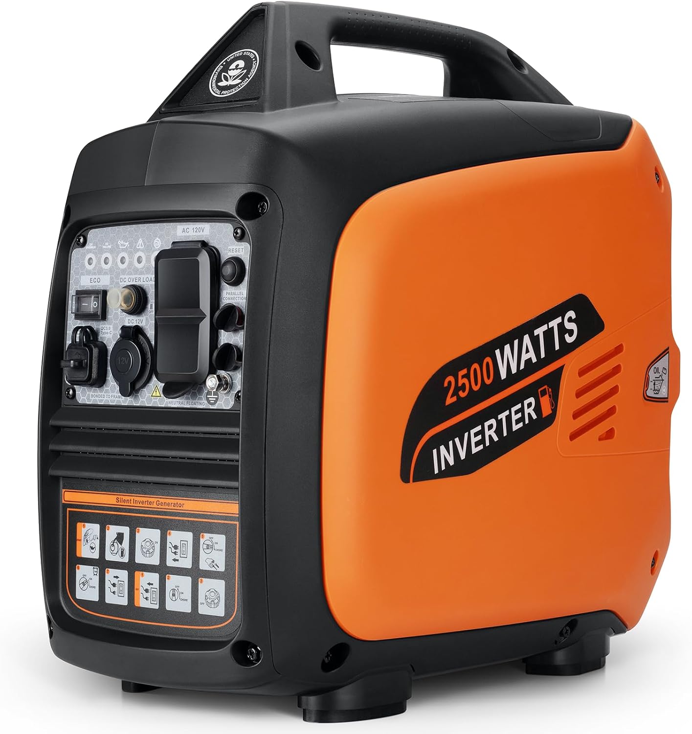 Portable Inverter Generator 2500W Gas Powered  Long Runtime Gas Generators for Home Use  Camping  Super Quiet Emergency Home Backup  with CO Sensor  EPA Compliant