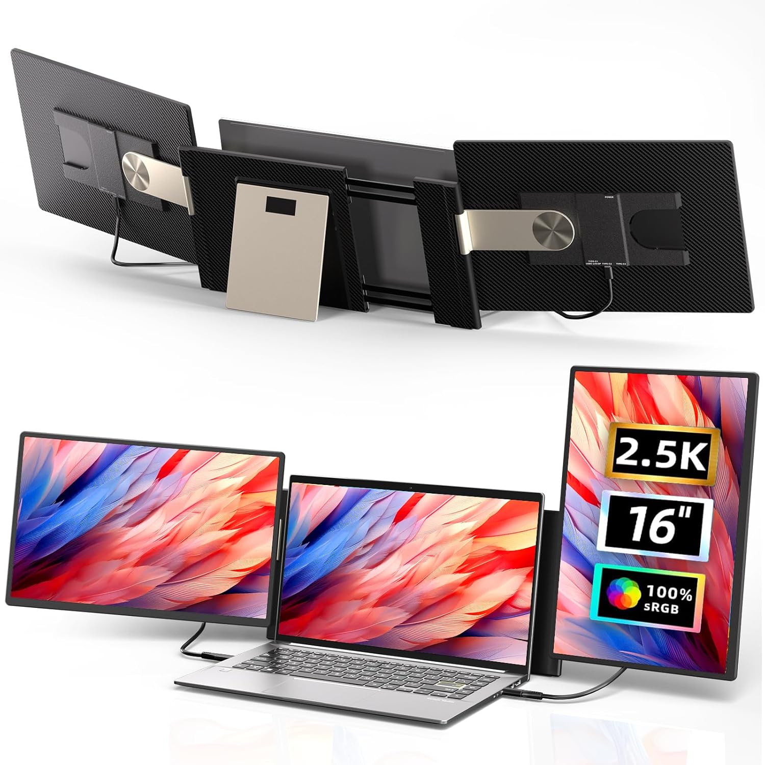 Laptop Screen Extender 2.5K Monitor - 16 Double Portable Monitor 2560x1600P QHD 100% sRGB IPS 235° Rotation Detachable Screen Design Extra Compatible with Mac Wins Dex Chrome Fits 13-17 Laptops