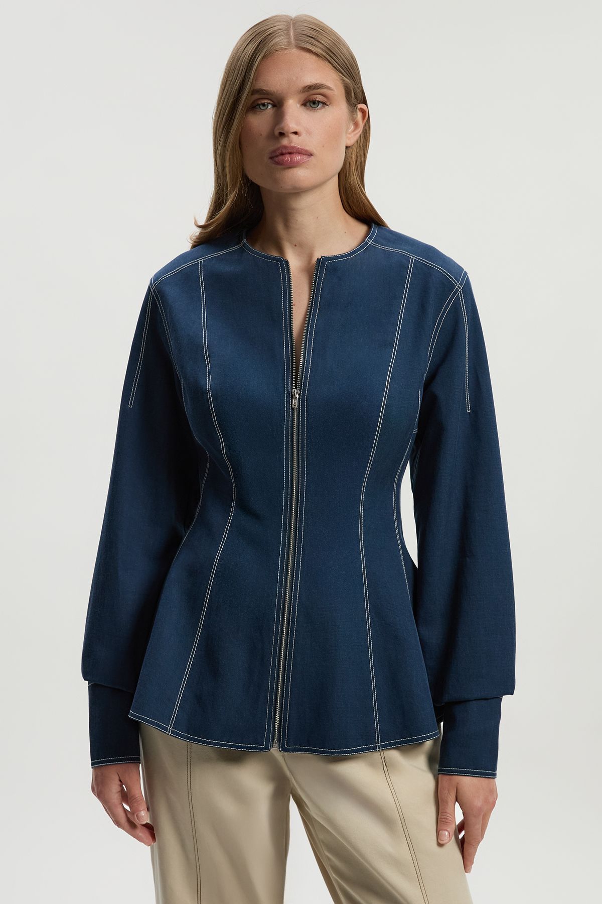 KarenMillen Tencel Cotton Contrast Stitch Zip Front Woven Jacket