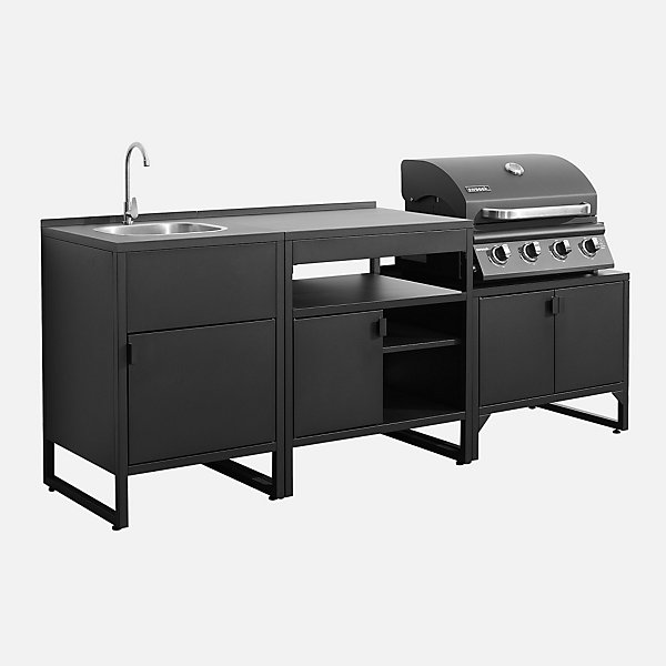 Cuisine extérieure 3 modules acier inoxydable avec barbecue gaz 4 brûleurs noir - Kea