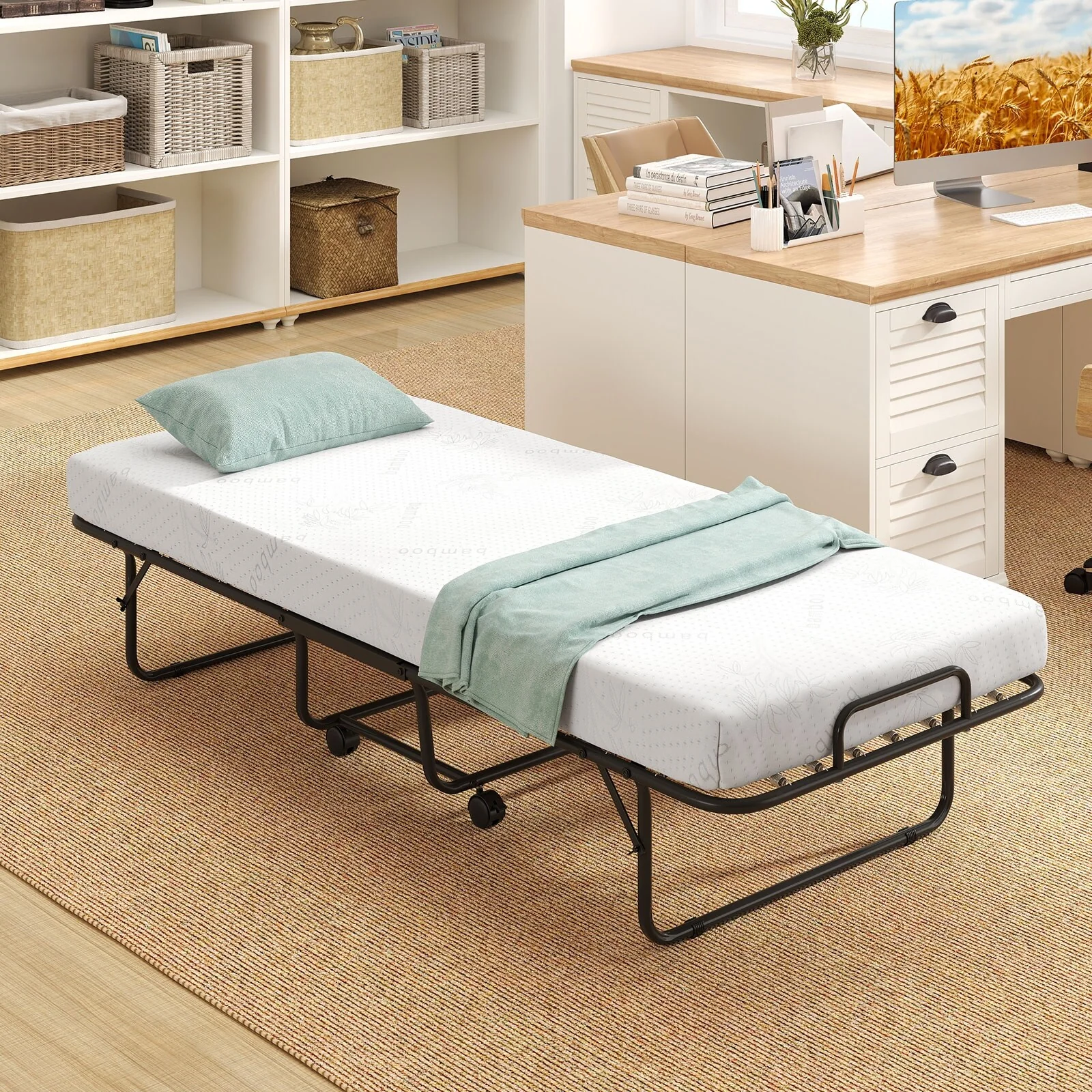White Memory Foam Folding Guest Bed with Wheels and Metal Frame Support - 75 L x 31 W x 16.5 H