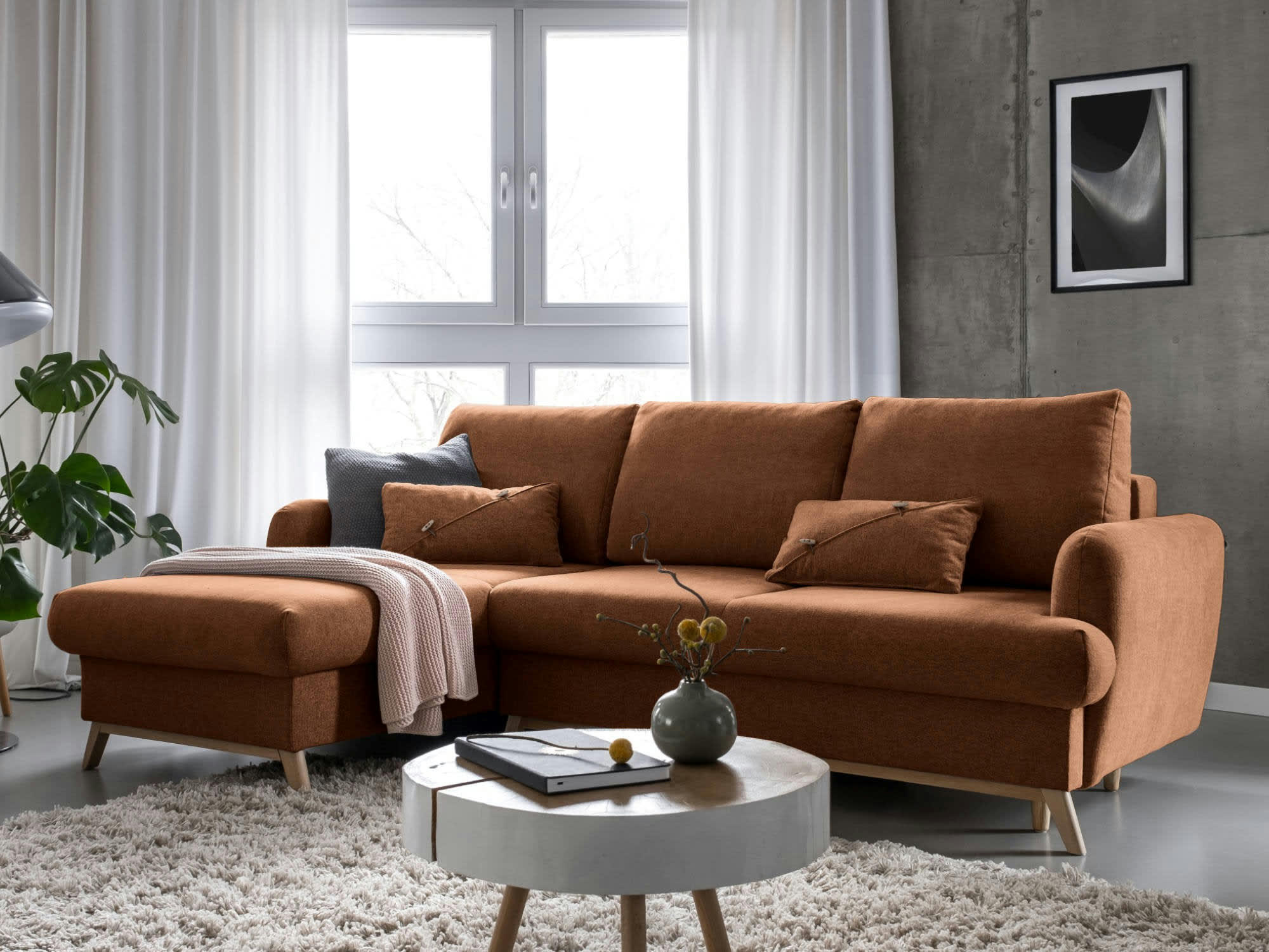 LAGOM - Canapé d'angle gauche convertible 4 places en tissu rouille