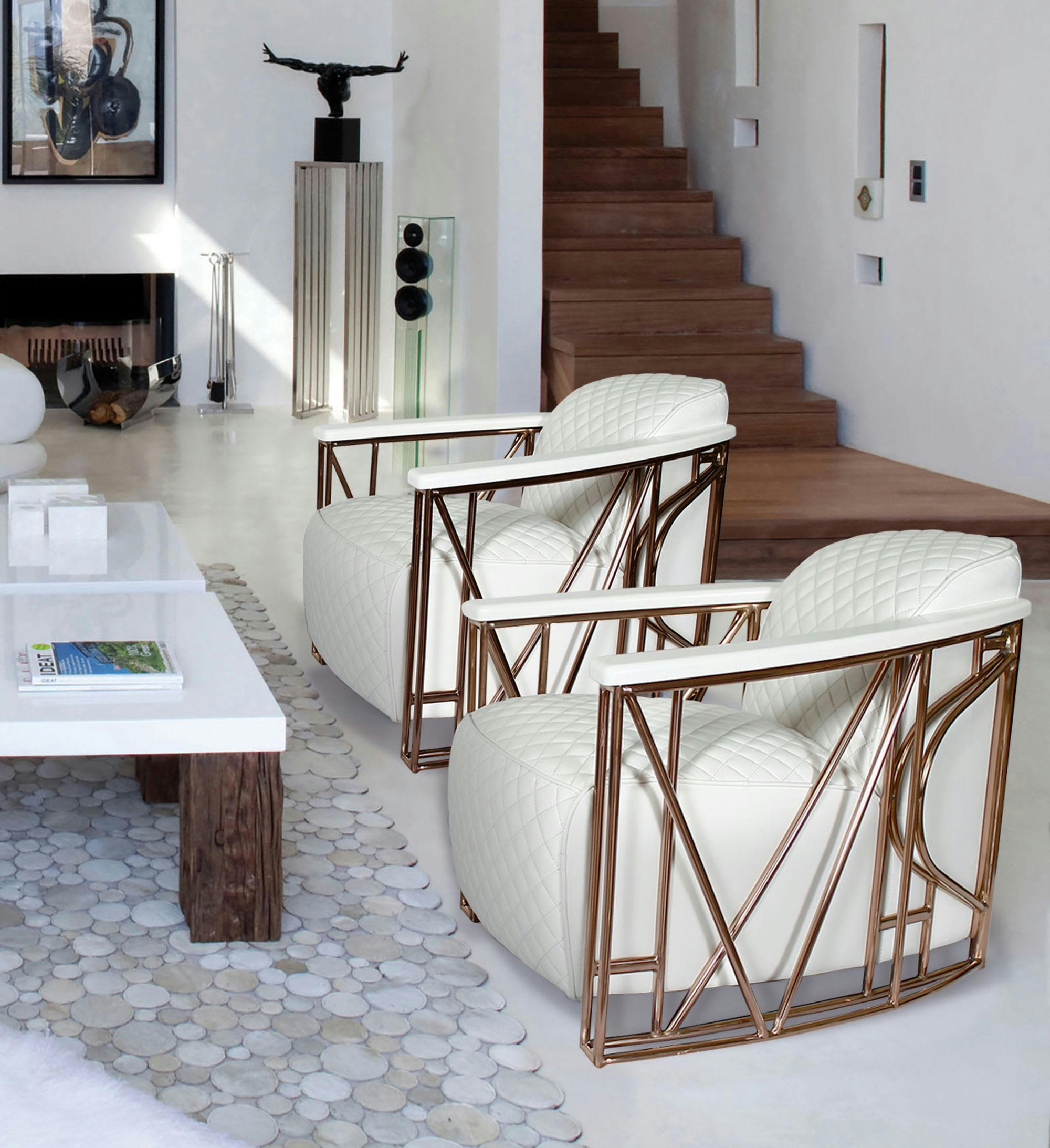 ENNIO - Fauteuil en cuir matelassé blanc et structure en inox cuivré