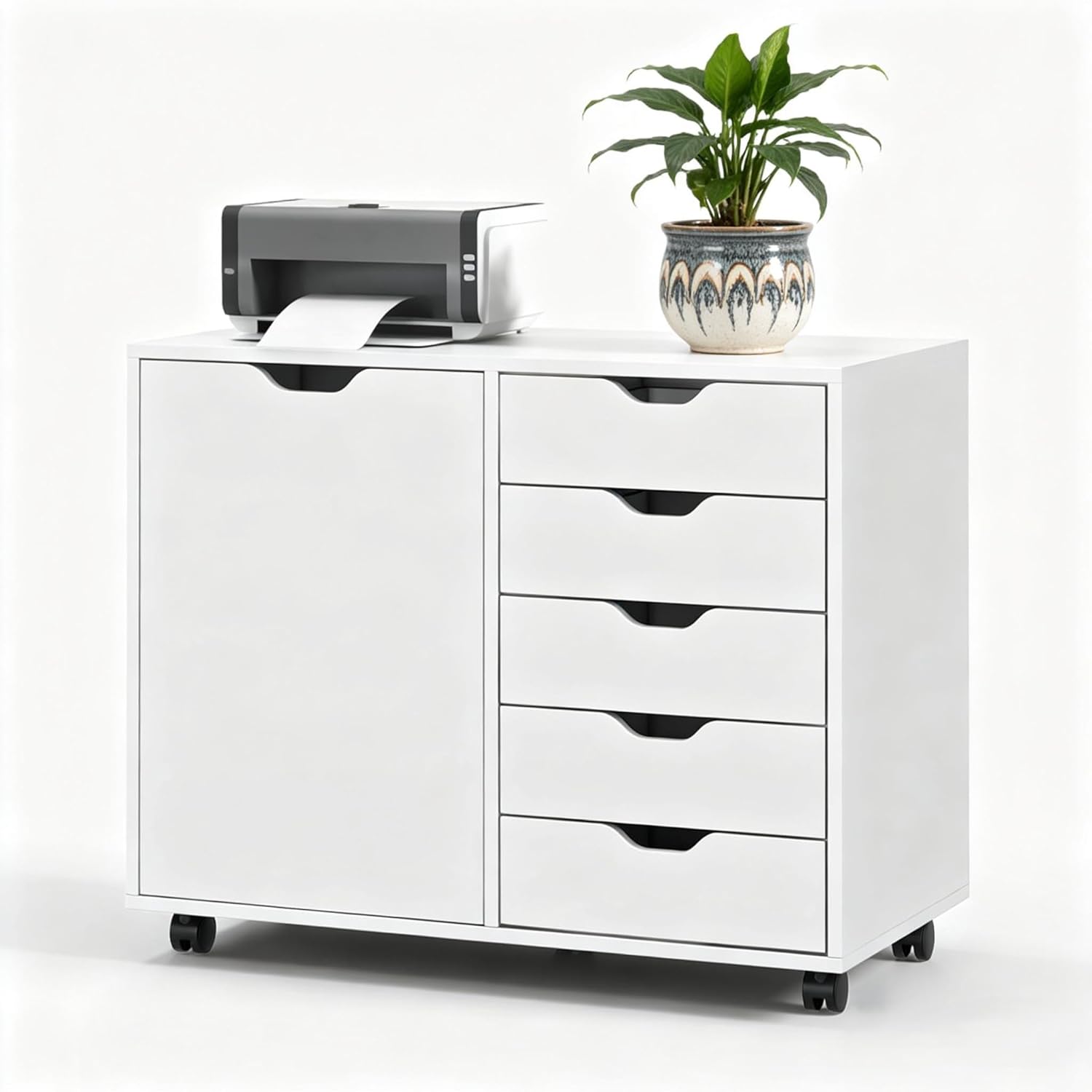 5-Drawer Wood Drawer Cabinet, Office Storage Cabinet with Adjustable Shelf & Wheels, Printer Stand for Home Office, White, 15.7 D x 30.7 W x 25.4 H