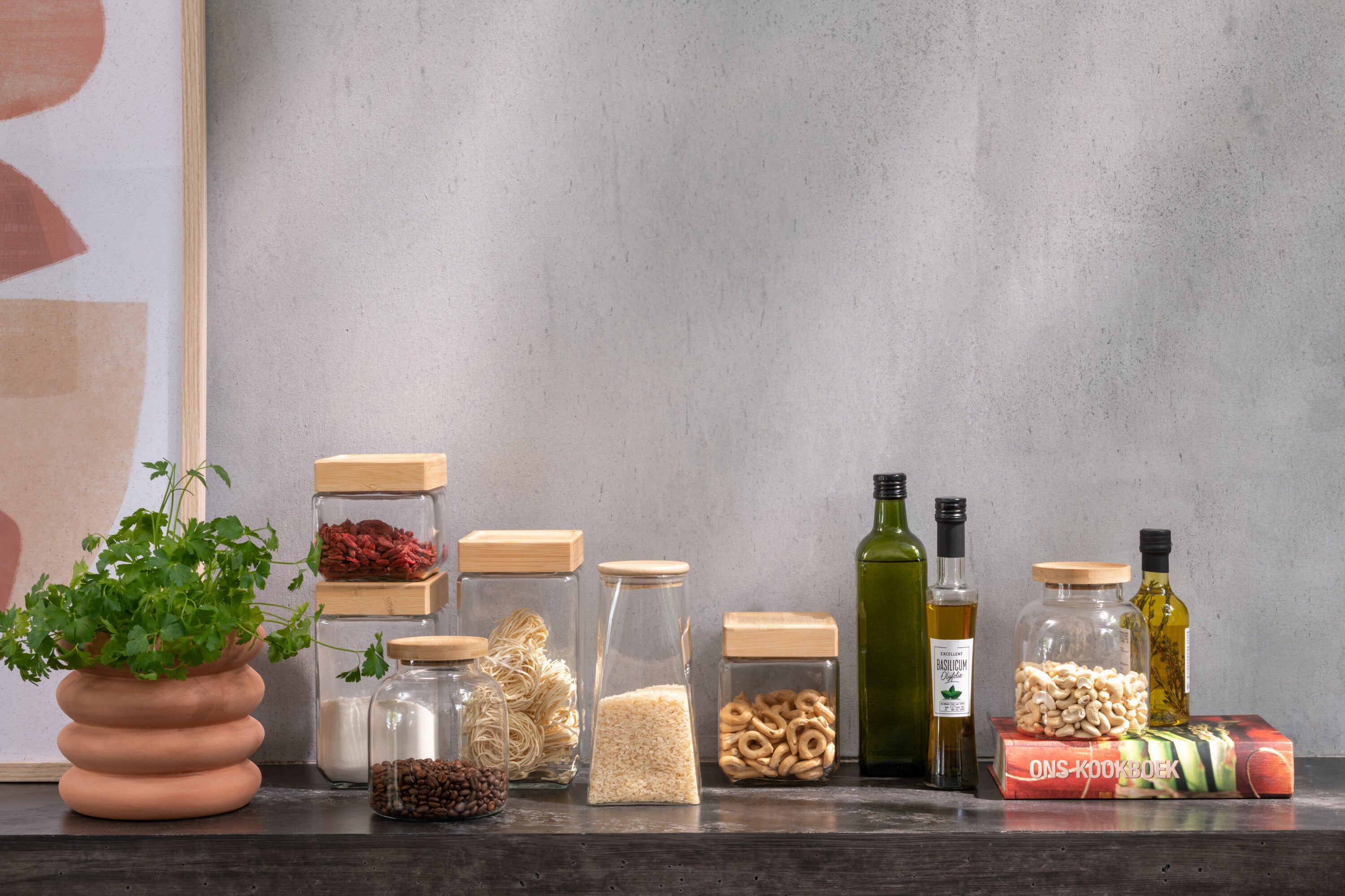 J-Line voorraadpot Brad - glas bamboe - transparant naturel