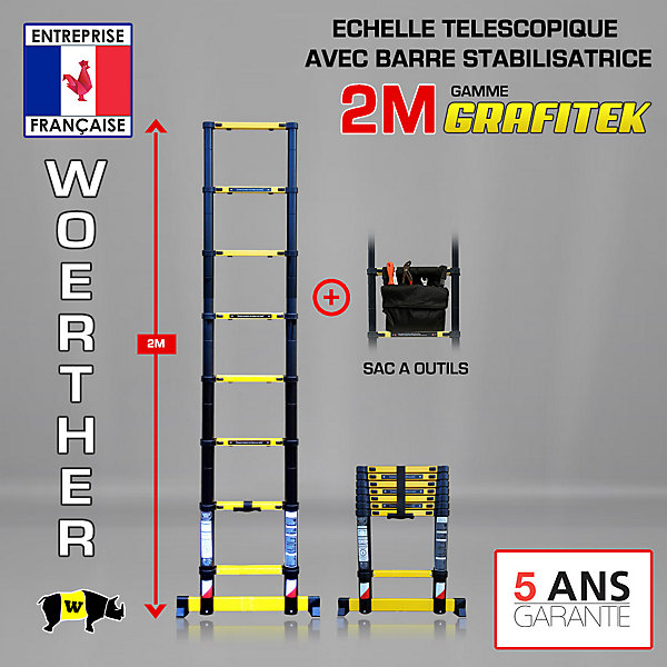 Echelle télescopique 2m Woerther avec barre stabilisatrice plus sac porte outils