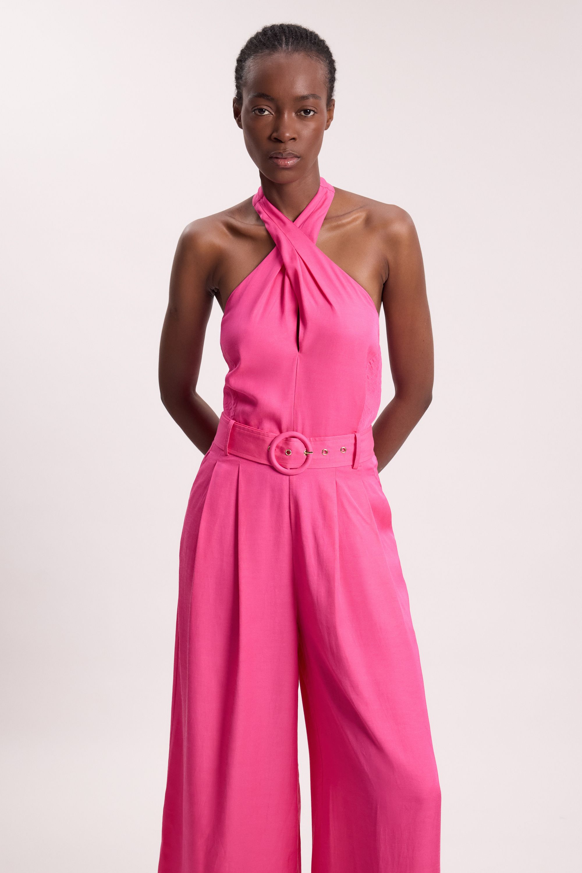 KarenMillen Premium Viscose Linen Cross Front Halter Belted Woven Wide Leg Jumpsuit