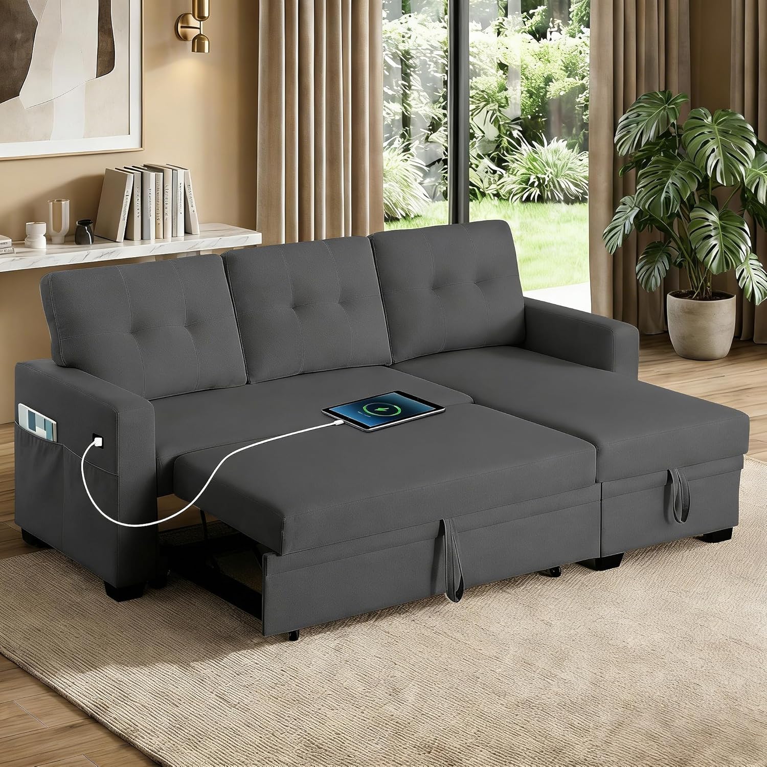 82 L Shaped Sleeper Sofa Bed: Sectional Sleeper Couch with Pull Out Bed, Storage Chaise, USB Charging, 3 Seat Sectional Sofa Bed for Living Room (Linen Fabric, Dark Grey)